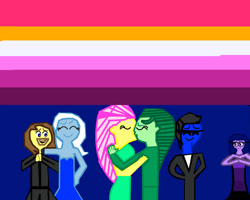 Size: 1280x1025 | Tagged: safe, artist:solareclipsetheadmin, imported from derpibooru, fluttershy, trixie, wallflower blush, oc, oc:grapefruit face, anthro, equestria girls, canon x oc, female, flutterblush, grapexie, lesbian, lesbian pride flag, male, pride, pride flag, shipping, straight