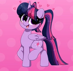 Size: 3639x3567 | Tagged: safe, artist:kittyrosie, imported from derpibooru, twilight sparkle, alicorn, pony, abstract background, alternate hairstyle, blushing, cute, heart, high res, looking at you, open mouth, pigtails, raised hoof, smiling, solo, twiabetes, twigtails, twilight sparkle (alicorn), twintails