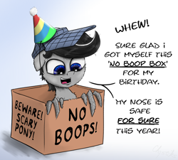 Size: 2000x1799 | Tagged: safe, artist:chopsticks, imported from derpibooru, oc, oc only, oc:chopsticks, pegasus, pony, birthday, box, cheek fluff, chest fluff, dialogue, famous last words, hat, non-consensual booping, party hat, pony in a box, sitting, solo, text, this will end in boops, wing hands, wings