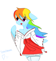 Size: 834x918 | Tagged: safe, artist:samuel-neocros, imported from derpibooru, rainbow dash, anthro, pegasus, semi-anthro, chest fluff, clothes, cute, dashabetes, dress, eye clipping through hair, female, holiday, kimono minidress, kitsune outfit, mare, minidress, new year, simple background, smiling, solo, white background