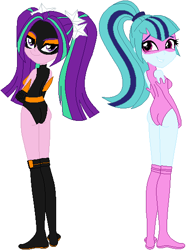 Size: 404x544 | Tagged: safe, artist:sturk-fontaine, imported from derpibooru, aria blaze, sonata dusk, equestria girls, alternate universe, arse-ia blaze, base used, bases used, blazing black, clothes, duo, duo female, dusk melody, female, leotard, siblings, sisters, sonata donk, superhero, twins