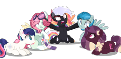 Size: 4000x1969 | Tagged: safe, artist:katelynleeann42, artist:sugaryicecreammlp, imported from derpibooru, oc, oc only, oc:caramel kiss, oc:celestial star, oc:fluffy cloud, oc:nova frenzy, oc:sugar soul, oc:thunder shock, earth pony, pegasus, pony, unicorn, clothes, female, goggles, mare, scarf, simple background, transparent background, two toned wings, wings