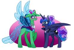 Size: 3493x2363 | Tagged: safe, artist:cartoonboyfriends, imported from derpibooru, princess luna, queen chrysalis, changedling, changeling, pony, a better ending for chrysalis, chrysaluna, female, lesbian, purified chrysalis, shipping