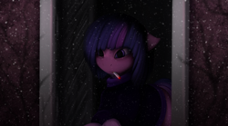 Size: 2138x1189 | Tagged: safe, artist:batsdisaster, imported from derpibooru, twilight sparkle, pony, alternate hairstyle, cigarette, clothes, female, mare, missing horn, purple eyes, smoking, snow, snowflake, solo