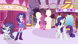 Size: 1024x582 | Tagged: safe, edit, edited screencap, editor:mario101, imported from derpibooru, screencap, rarity, pony, unicorn, equestria girls, my little pony: pony life, spoiler:pony life, carousel boutique, g4.5, generation leap