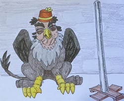 Size: 1023x832 | Tagged: artist needed, safe, imported from derpibooru, grampa gruff, griffon, drawing, eye scar, eyes closed, festivus, fez, folded wings, hat, male, pole, scar, seinfeld, sitting, solo, solo male, traditional art, wings