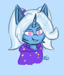Size: 2560x3000 | Tagged: safe, artist:graphictoxin, artist:toxinagraphica, imported from derpibooru, trixie, pony, unicorn, alternate hairstyle, babysitter trixie, blue background, bust, clothes, cute, female, fluffy, hoodie, mare, no pupils, portrait, simple background, sketch, smiling, solo, stars