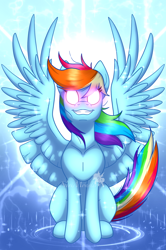 Size: 1536x2308 | Tagged: safe, artist:nivimonster, imported from derpibooru, rainbow dash, pegasus, pony, female, glowing eyes, grin, mare, smiling, spread wings, wings