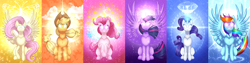 Size: 4000x1002 | Tagged: safe, artist:nivimonster, imported from derpibooru, applejack, fluttershy, pinkie pie, rainbow dash, rarity, twilight sparkle, alicorn, pony, diamond, glowing eyes, magic, mane six, twilight sparkle (alicorn)