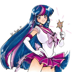 Size: 600x597 | Tagged: safe, artist:seiyachan, imported from derpibooru, twilight sparkle, human, anime, clothes, cosplay, costume, crossover, female, gloves, hand on hip, humanized, light skin, long gloves, long hair, looking at you, magical girl, miniskirt, sailor magic, sailor moon, sailor twilight, skirt, solo, traditional art