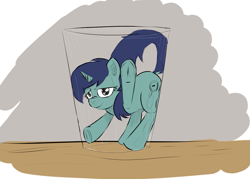 Size: 1067x765 | Tagged: safe, artist:ponerino, imported from derpibooru, oc, oc only, unicorn, colored, cup, digital art, frog (hoof), glass, if i fits i sits, stuck, trapped, underhoof