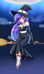 Size: 1100x1850 | Tagged: safe, artist:melliedraws, imported from derpibooru, rarity, human, broom, clothes, dress, hat, humanized, pentagram, sleeveless, solo, witch, witch hat