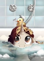 Size: 1300x1794 | Tagged: safe, artist:28gooddays, imported from derpibooru, oc, oc only, oc:felt whisper, pony, unicorn, bath, bathtub, commission, cute, looking up, male, ocbetes, partially submerged, rubber duck, solo, ych result