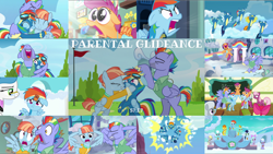 Size: 1978x1114 | Tagged: safe, edit, edited screencap, editor:quoterific, imported from derpibooru, screencap, apple bloom, bow hothoof, cheerilee, cloudchaser, derpy hooves, fleetfoot, flitter, high winds, laurette, lightning dust, rainbow dash, scootaloo, silver spoon, soarin', spitfire, windy whistles, parental glideance, female, filly