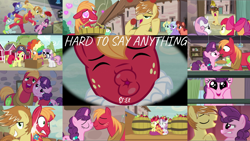 Size: 1978x1113 | Tagged: safe, edit, edited screencap, editor:quoterific, imported from derpibooru, screencap, apple bloom, big macintosh, dear darling, feather bangs, fond feather, glamor trot, scootaloo, smooth vibes, sugar belle, sweetie belle, swoon song, hard to say anything, bimbettes, cutie mark crusaders, female, male, shipping, straight, sugarmac