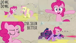 Size: 1984x1117 | Tagged: safe, edit, edited screencap, editor:quoterific, imported from derpibooru, screencap, fluttershy, pinkie pie, twilight sparkle, a canterlot wedding, season 2, disguise, disguised changeling, twigun