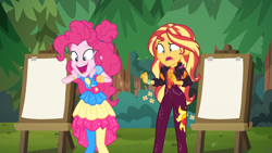 Size: 1334x750 | Tagged: safe, imported from derpibooru, screencap, pinkie pie, sunset shimmer, equestria girls, equestria girls series, sunset's backstage pass!, spoiler:eqg series (season 2), scared