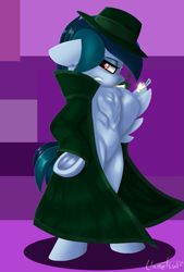 Size: 1317x1950 | Tagged: safe, artist:llametsul, imported from derpibooru, oc, oc only, oc:delta vee, pegasus, pony, bipedal, chest fluff, cigarette, clothes, coat, detective, eyeshadow, female, fire, hat, lighter, lineless, looking back, makeup, mare, pegasus oc, signature, simple background, smoking, trenchcoat, underhoof, wings