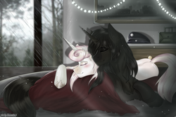 Size: 4096x2736 | Tagged: safe, artist:besomb1tch, imported from derpibooru, oc, unicorn, black and white, cute, female, forest, full body, garland, grayscale, house, love, male, monochrome, plaid, rain