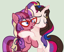 Size: 1032x848 | Tagged: safe, artist:katelynleeann42, artist:nocturnal-moonlight, imported from derpibooru, oc, oc only, pony, unicorn, amending fences, base used, bipedal, eyes closed, female, glasses, horn, hug, mare, open mouth, surprised, unicorn oc, wide eyes