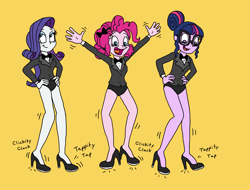 Size: 2500x1896 | Tagged: safe, artist:bugssonicx, imported from derpibooru, pinkie pie, rarity, sci-twi, twilight sparkle, equestria girls, black underwear, bowtie, clothes, dancing, female, high heels, legs, panties, raripanty, shoes, simple background, tap dancing, trio, trio female, tuxedo, underwear, yellow background