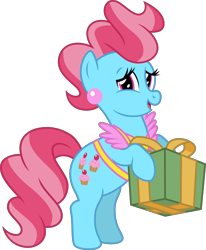 Size: 4000x4855 | Tagged: safe, artist:jeatz-axl, imported from derpibooru, cup cake, earth pony, pony, absurd resolution, bipedal, female, holding a present, looking at you, mare, present, simple background, solo, transparent background, vector