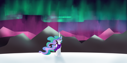 Size: 1920x956 | Tagged: safe, artist:sixes&sevens, imported from derpibooru, princess celestia, alicorn, pony, aurora borealis, clothes, female, mountain, mountain range, outdoors, scarf, snow, solo, solo female