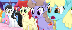 Size: 1920x808 | Tagged: safe, imported from derpibooru, screencap, bunny moon, caramel apple, inkblot (character), jonagold, laurel rose, lavender cherrytop, lilac custard, marmalade jalapeno popette, minuette, moondancer, nighting gale, scarlet glory, earth pony, pony, unicorn, my little pony: the movie, spoiler:my little pony the movie, apple family member, background pony, female, mare, raised hoof, shocked, unnamed character, unnamed pony