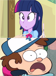 Size: 808x1098 | Tagged: safe, artist:brandonale, edit, edited screencap, imported from derpibooru, screencap, twilight sparkle, human, equestria girls, equestria girls (movie), crossover, crossover shipping, diplight, dipper pines, female, gravity falls, implied straight, male, preglight sparkle, pregnancy test, pregnancy test meme, shipping, smiling on the inside, straight, straight shota, surprised