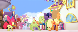 Size: 1920x808 | Tagged: safe, imported from derpibooru, screencap, apple bloom, applejack, glitter glow, granny smith, spike, twilight sparkle, alicorn, dragon, earth pony, pony, unicorn, my little pony: the movie, spoiler:my little pony the movie, apple, apple bloom's bow, apple pie, applejack's hat, background pony, balloon, bow, butt, canterlot, checklist, cowboy hat, crown, cutie mark, female, filly, food, friendship festival, hair bow, hat, heart, heart hoof, hoof heart, hoof hold, jewelry, male, mare, pie, plot, regalia, the cmc's cutie marks, twilight sparkle (alicorn), underhoof, unnamed character, unnamed pony, we got this together