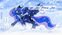 Size: 1200x675 | Tagged: safe, artist:sonicsweeti, imported from derpibooru, princess luna, alicorn, pony, clothes, collar, commission, crown, cutie mark, digital art, female, headset, hooves, horn, jewelry, mare, regalia, scarf, snow, snowball, snowfall, snowflake, snowman, solo, spread wings, tail, text, wings