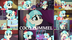 Size: 1978x1113 | Tagged: safe, edit, edited screencap, editor:quoterific, imported from derpibooru, screencap, coco pommel, earth pony, pony, made in manehattan, rarity takes manehattan, the saddle row review, twilight's kingdom, album, bag, book, clothes, dress, floppy ears, gritted teeth, open mouth, rainbow, red nose, red nosed, sad, saddle bag, smiling, tissue, tissue box, tissue paper, trophy, wavy mouth, worried