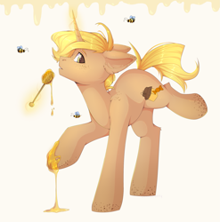 Size: 2055x2076 | Tagged: safe, artist:jennyberry, imported from derpibooru, oc, oc only, bee, insect, pony, unicorn, food, honey, magic, raised hoof, raised leg, telekinesis