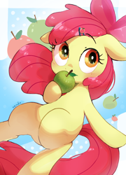 Size: 924x1286 | Tagged: safe, artist:fuyugi, artist:nendo, imported from derpibooru, apple bloom, earth pony, pony, adorabloom, apple, apple bloom's bow, bow, cute, female, filly, floppy ears, food, hair bow, hairpin, solo