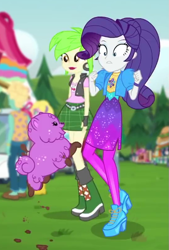 Size: 545x806 | Tagged: safe, imported from derpibooru, screencap, cherry crash, princess thunder guts, rarity, sandy cerise, zephyr breeze, dog, equestria girls, equestria girls series, lost and pound, spoiler:eqg series (season 2), bolero jacket, clothes, cropped, female, food truck, geode of shielding, high heels, jacket, lost and pound: rarity, magical geodes, male, mud, muddy, music festival outfit, offscreen character, puppy, shoes, shrunken pupils, wide eyes
