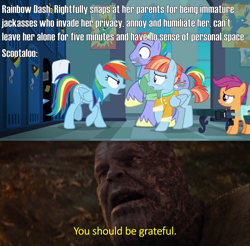 Size: 2000x1966 | Tagged: safe, edit, edited screencap, imported from derpibooru, screencap, bow hothoof, rainbow dash, scootaloo, windy whistles, pegasus, pony, parental glideance, angry, avengers: endgame, bags under eyes, burn marks, camera, caption, clothes, comparison, facial hair, family, father and child, father and daughter, female, filly, freckles, image macro, like father like daughter, like mother like daughter, like parent like child, locker room, male, mare, marvel cinematic universe, meme, mohawk, mother and child, mother and daughter, multicolored mane, multicolored tail, open mouth, opinion, poster, scared, shirt, stallion, text, thanos