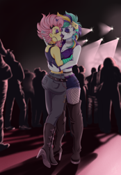 Size: 3000x4300 | Tagged: safe, artist:lucy-tan, imported from derpibooru, fluttershy, rarity, human, equestria girls, alternate hairstyle, ass, belt, boots, breasts, butt, choker, cleavage, clothes, commission, duo focus, ear piercing, earring, eyes closed, eyeshadow, female, fishnets, flarity, flutterbutt, flutterpunk, french kiss, high heel boots, hug, jacket, jeans, jewelry, kiss on the lips, kissing, leather jacket, lesbian, lipstick, makeup, midriff, nightclub, open mouth, pants, piercing, punk, purple lipstick, raripunk, ring, shipping, shoes, shorts, socks, spiked choker, spiked wristband, stockings, tanktop, thigh boots, thigh highs, wristband