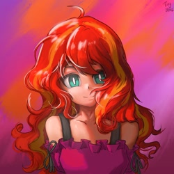 Size: 2048x2048 | Tagged: safe, artist:tinybenz, imported from derpibooru, sunset shimmer, equestria girls, beautiful, cute, female, high res, human coloration, messy hair, shimmerbetes, shoulderless, solo