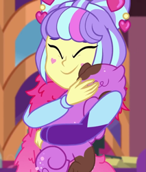 Size: 919x1080 | Tagged: safe, imported from derpibooru, screencap, princess thunder guts, supernova zap, dog, equestria girls, equestria girls series, lost and pound, spoiler:eqg series (season 2), cropped, cute, eyes closed, feather boa, female, hug, lost and pound: rarity, mud, muddy, su-z, su-z-betes