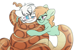 Size: 5500x3600 | Tagged: safe, artist:fluffyxai, imported from derpibooru, oc, oc only, oc:chieftess muyal, oc:yiazmat, lamia, original species, pony, snake, unicorn, blushing, close together, coils, commission, cuddling, drool, female, fetish, hug, hypnosis, hypnosis fetish, hypnotized, male, mare, smiling, squishy cheeks, stallion, tail, wrap, wrapped up