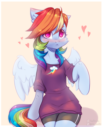 Size: 1848x2284 | Tagged: safe, artist:zefirka, imported from derpibooru, rainbow dash, pegasus, semi-anthro, :<, blushing, breasts, busty rainbow dash, chest fluff, clothes, colored pupils, compression shorts, cute, cutie mark, cutie mark on clothes, dashabetes, rainbow dash always dresses in style, shirt, solo