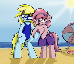 Size: 3200x2800 | Tagged: safe, artist:vipy, imported from derpibooru, pinkie pie, oc, oc only, oc:cloud cuddler, oc:sweet haze, earth pony, pony, beach, beach towel, beach umbrella, bipedal, clothes, duo, eye clipping through hair, female, glasses, holding hooves, male, mouse cursor, ocean, one-piece swimsuit, sun, sunscreen, swimming trunks, swimsuit, towel, umbrella, wavy mouth