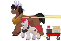 Size: 1280x854 | Tagged: safe, artist:itstechtock, imported from derpibooru, full steam, promontory, train tracks (character), oc, earth pony, pony, blank flank, colt, conductor hat, cutie mark, horse collar, looking back, looking down, male, simple background, stallion, toy train, train tracks (g4), transparent background, unshorn fetlocks, wagon, yoke