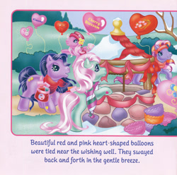 Size: 700x695 | Tagged: safe, artist:lyn fletcher, imported from derpibooru, kimono, minty, pinkie pie (g3), twinkle twirl, pony, bag, balloon, bandana, basket, card, clothes, envelope, flower in hat, g3, handwritten text, hat, headband, holiday, letter, party balloon, scarf, snow, streamers, tree, valentine's day, valentine's day up up and away, well, yin-yang