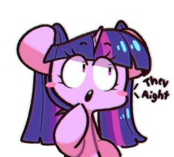 Size: 645x580 | Tagged: safe, artist:sourspot, imported from derpibooru, twilight sparkle, pony, alternate hairstyle, blush sticker, blushing, cute, dialogue, female, mare, no nose, open mouth, pigtails, simple background, solo, twiabetes, twigtails, twintails, white background