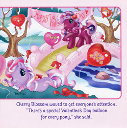 Size: 700x702 | Tagged: safe, artist:lyn fletcher, imported from derpibooru, cherry blossom (g3), wysteria, pony, balloon, banner, bridge, g3, handwritten text, hat, headband, holiday, official, party balloon, river, rock, scan, stream, streamers, valentine's day, valentine's day up up and away, water