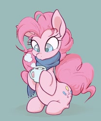 Size: 1704x2048 | Tagged: safe, artist:noupu, imported from derpibooru, pinkie pie, earth pony, pony, chocolate, clothes, colored pupils, cute, diapinkes, female, food, green background, hot chocolate, mare, marshmallow, mug, ponk, scarf, simple background, sitting, solo