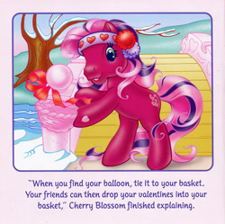 Size: 700x697 | Tagged: safe, artist:lyn fletcher, imported from derpibooru, cherry blossom (g3), basket, bridge, dexterous hooves, g3, headband, holiday, official, river, scan, snow, stream, streamers, tree, valentine's day, valentine's day up up and away, water