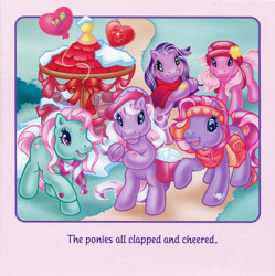 Size: 700x703 | Tagged: safe, artist:lyn fletcher, imported from derpibooru, kimono, minty, pinkie pie (g3), twinkle twirl, wysteria, pony, bag, balloon, bandana, clapping, clothes, envelope, flower in hat, g3, hat, headband, holiday, letter, mailbag, party balloon, path, scarf, snow, streamers, valentine's day, valentine's day up up and away, well