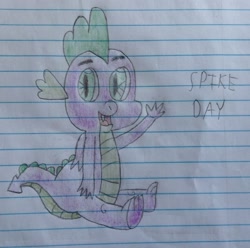 Size: 1388x1376 | Tagged: safe, artist:mr.myoozik, artist:myoozik, derpibooru exclusive, imported from derpibooru, spike, dragon, baby, baby dragon, cute, eyebrows, fangs, folded wings, green eyes, happy, lined paper, looking at you, male, notebook, open mouth, photo, scales, sitting, smiling, solo, spikabetes, spike day, tail, text, traditional art, waving, waving at you, winged spike, wings